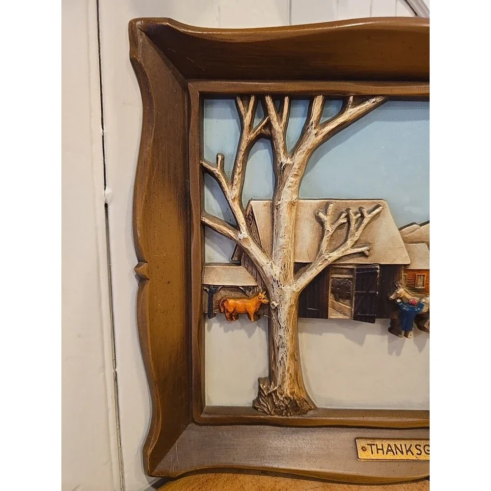 Vintage 1960s Syroco Wall Plaque Thanksgiving Visit 3D Farmhouse Cottagecore 14